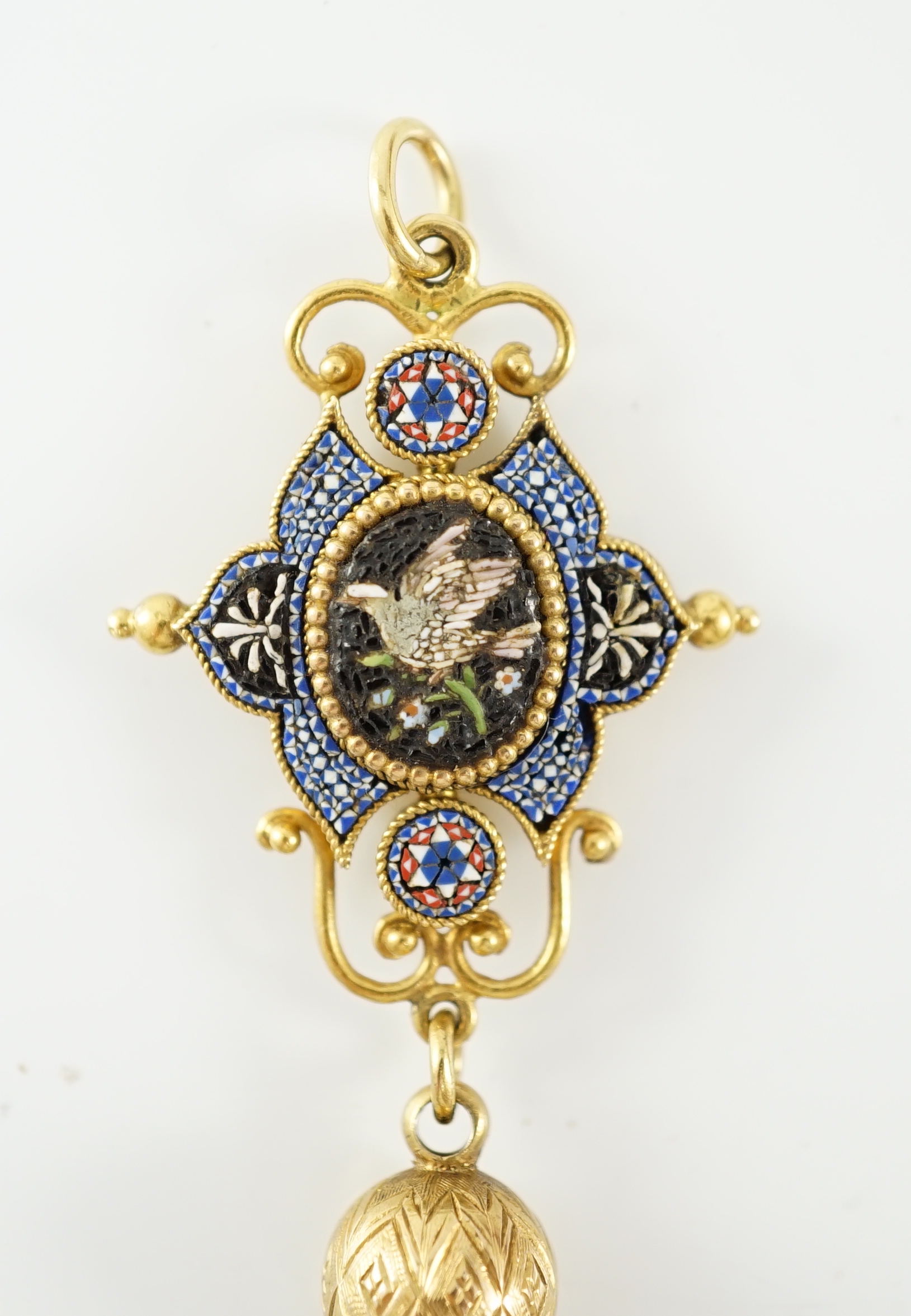 A 19th century gold and micro mosaic tassel drop pendant